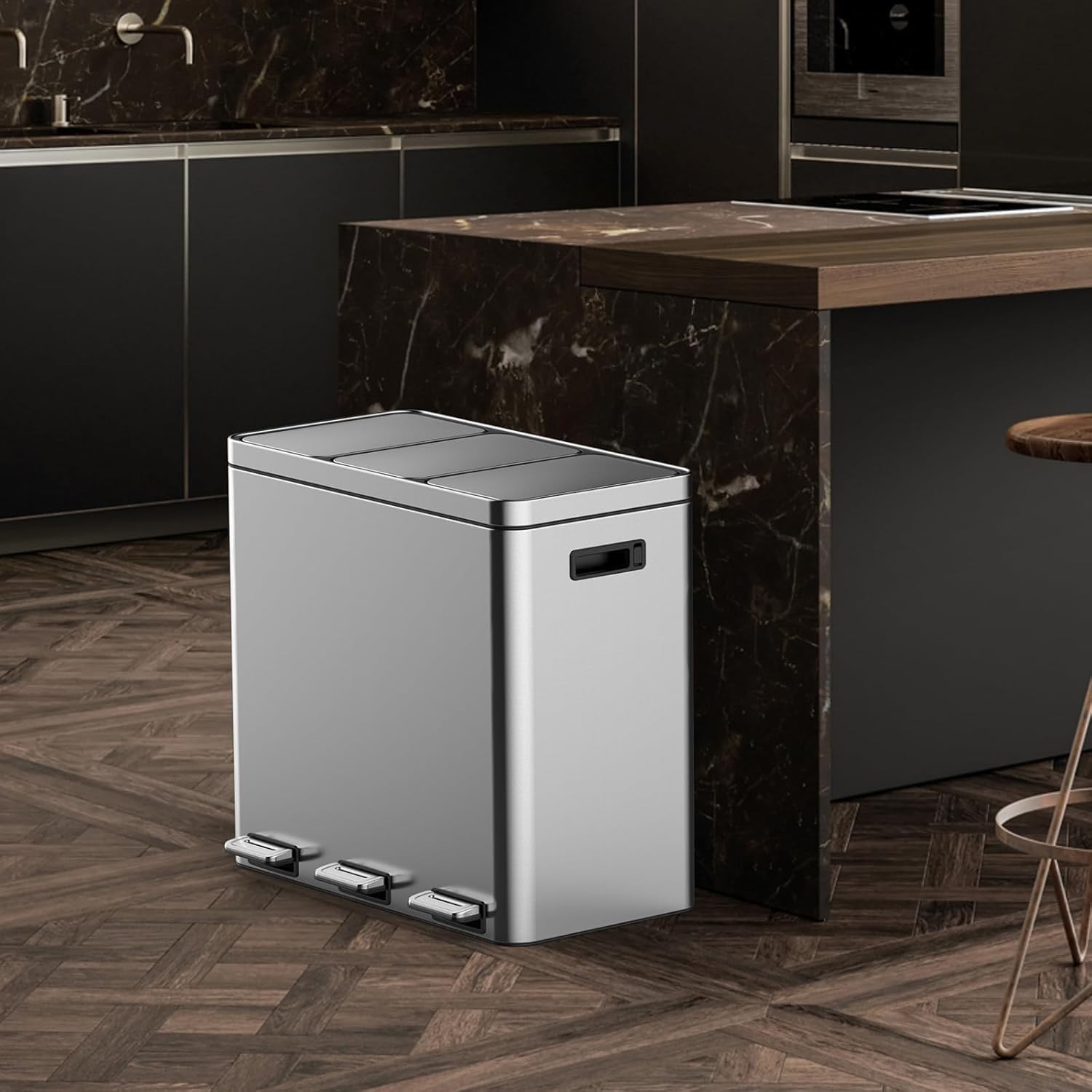 3 Compartments Trash Can 3 x5.3 Gal Stainless Steel Trash Can with Recycling Bin
