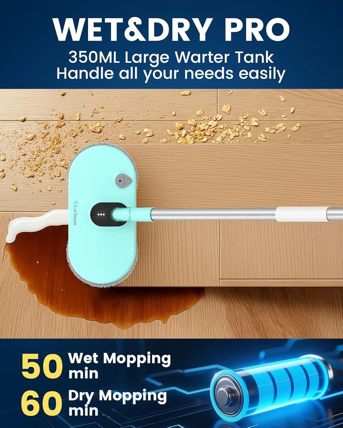 Cordless Electric Mop Dual-Motor Spin Powerful 2600mAh Led Headlight 350 ml tank