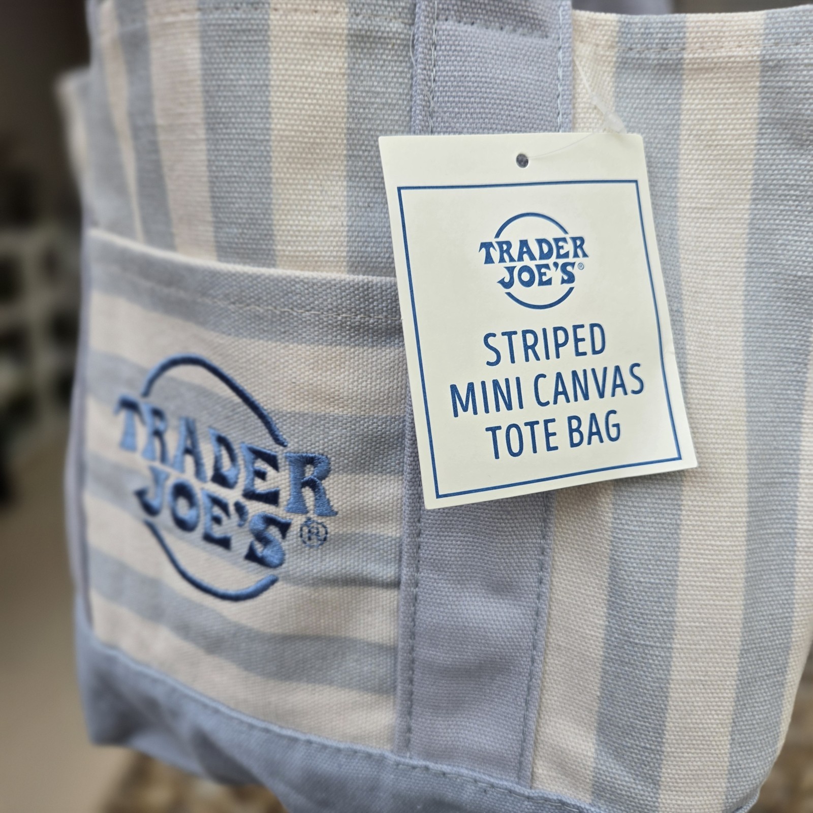 Trader Joe’s Limited Mini Canvas Pastel Striped Tote Bag 2026 Light Blue
