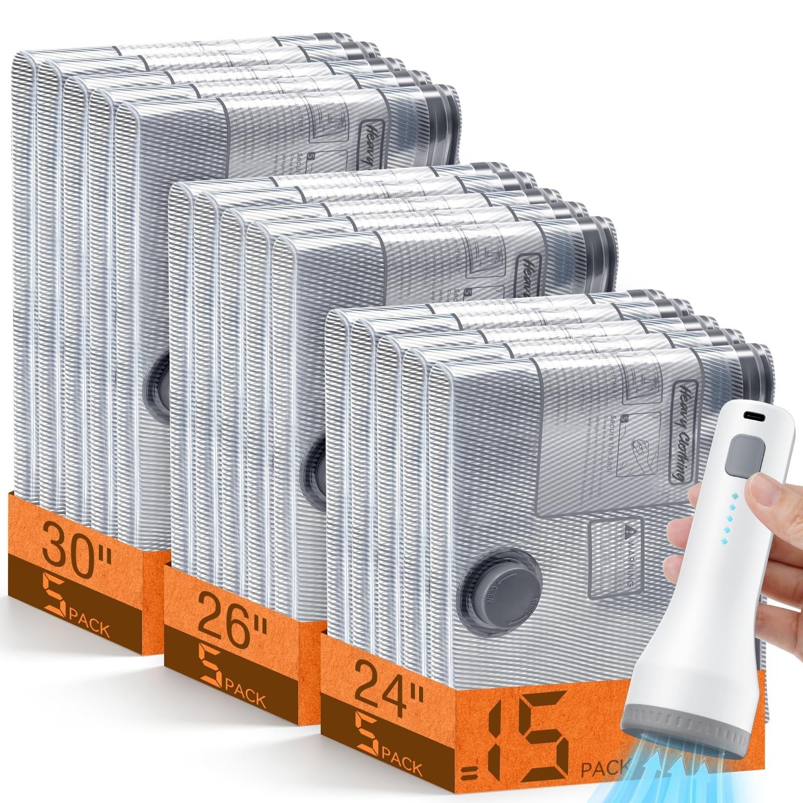 15 Pack Vacuum Storage Bags with Pump, Space Saver Compression Bags for Travel