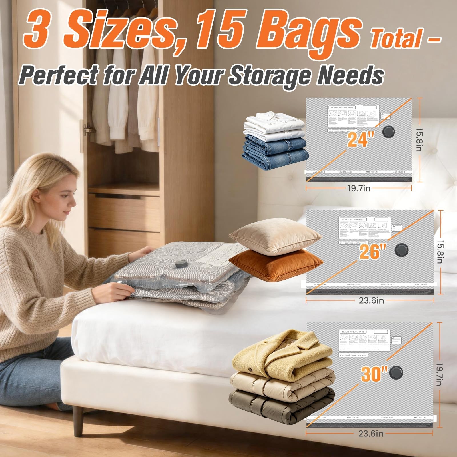 15 Pack Vacuum Storage Bags with Pump, Space Saver Compression Bags for Travel
