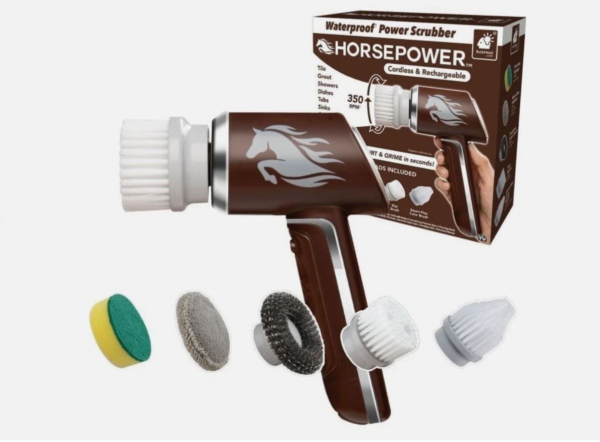 Horsepower Scrubber, Waterproof, Electric Power, Spins 350 RPM, 5 Brush Heads.