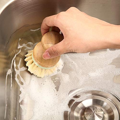 Bamboo Dish Scrub Brushes 4 Pack Natural Coconut Fiber Stiff Bristles Round Pot
