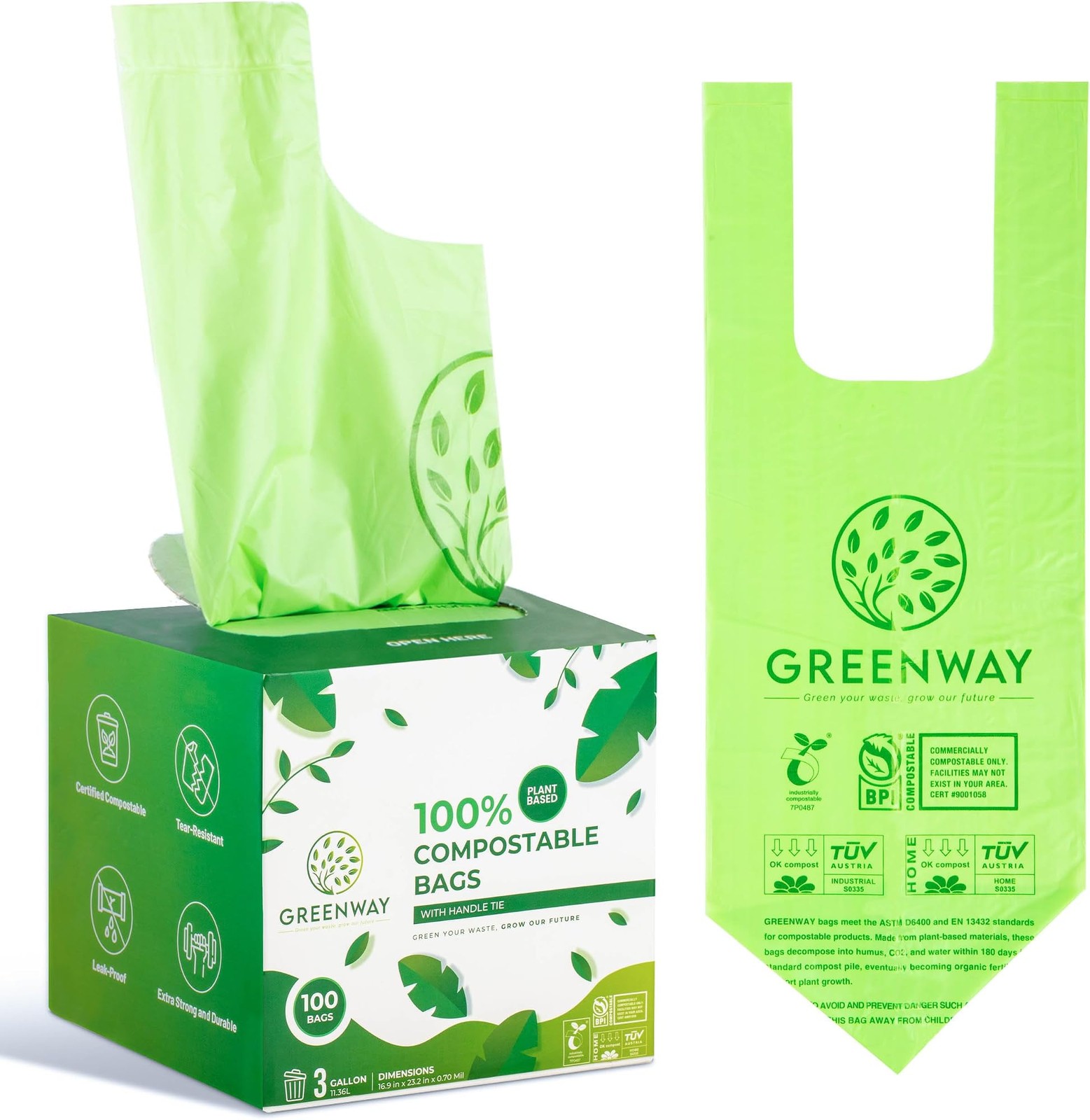 GREENWAY 3 Gallon Compostable trash Bags with Handles,100 Count, Extra Thick …