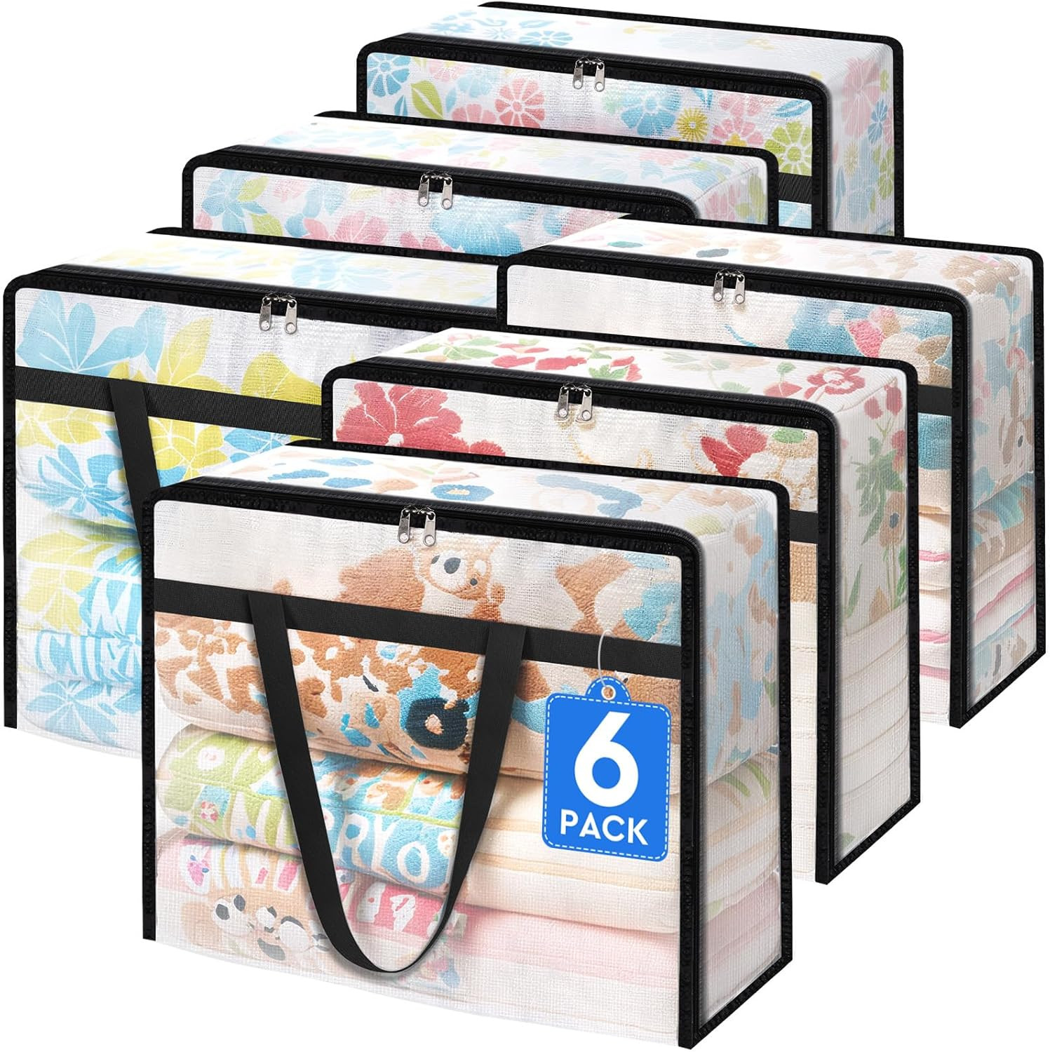 6 Pack Clear Storage Bags for Comforter, Clothes & Bedding, 40L | Plastic Blanke