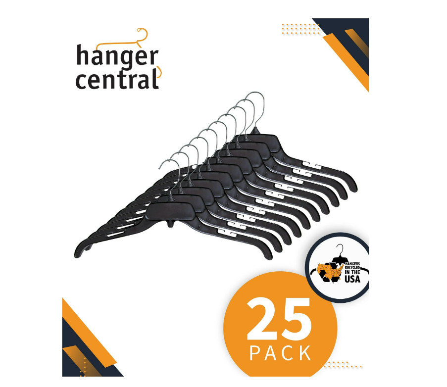 25 Pack Durable Plastic Clothing Hangers with Metal Swivel Hooks, 17 inch,Black