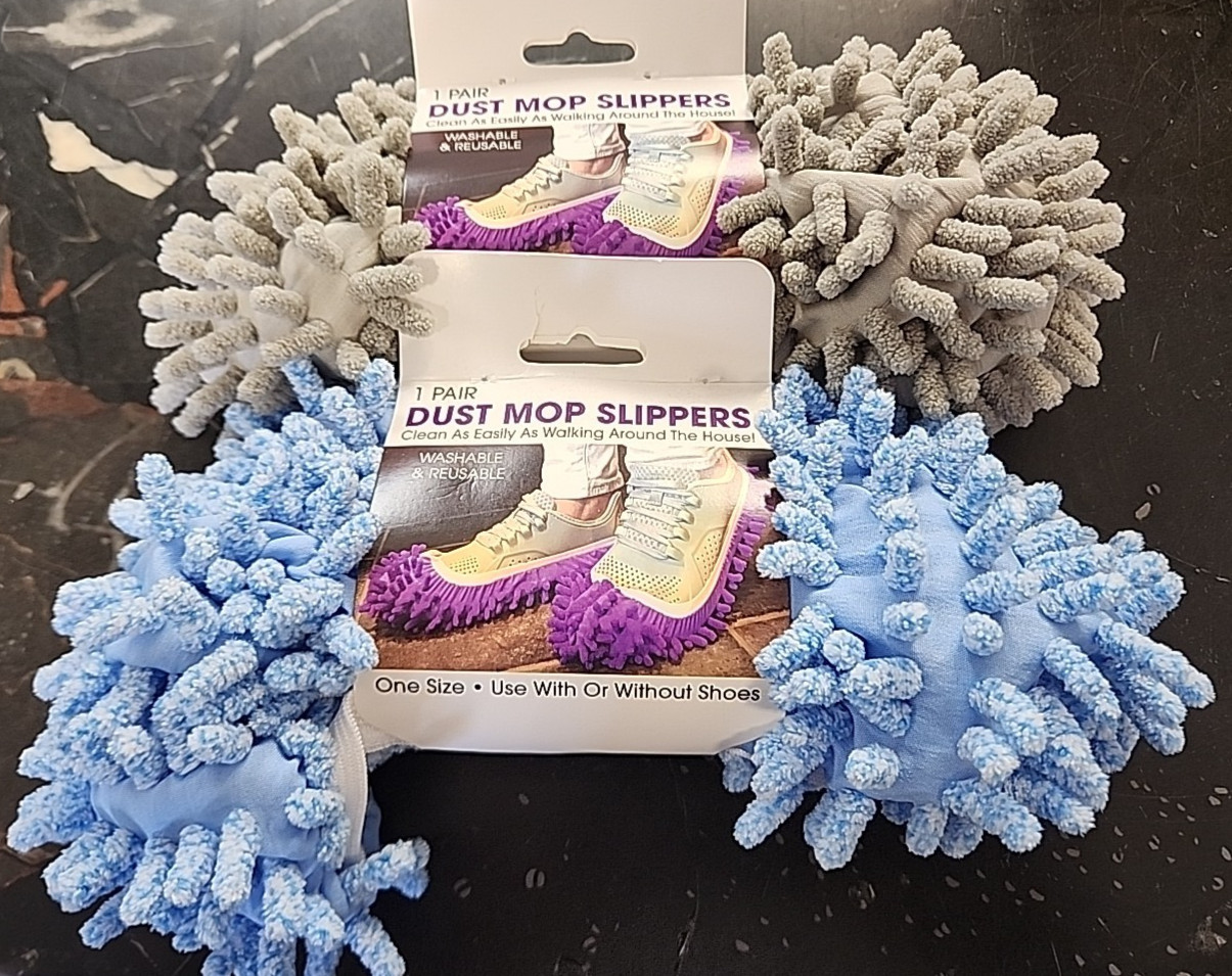 Dust Mop Slippers – Gray and Blue – One Size Fits Most/ Lot of 2 pairs