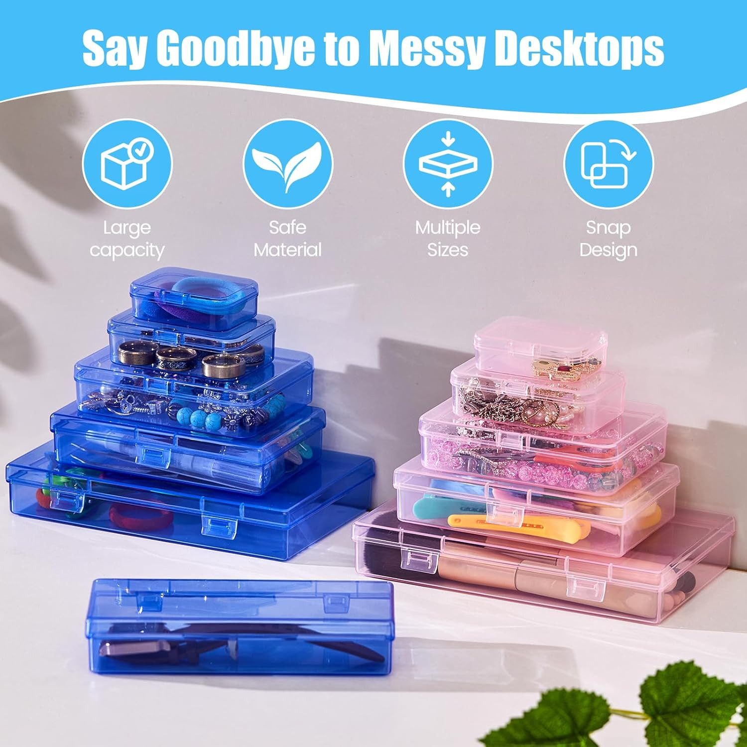 8 Pieces Rectangular Plastic Storage Boxes, Blue, 4.5X3.3X1.1 Inch | Hinged Lids