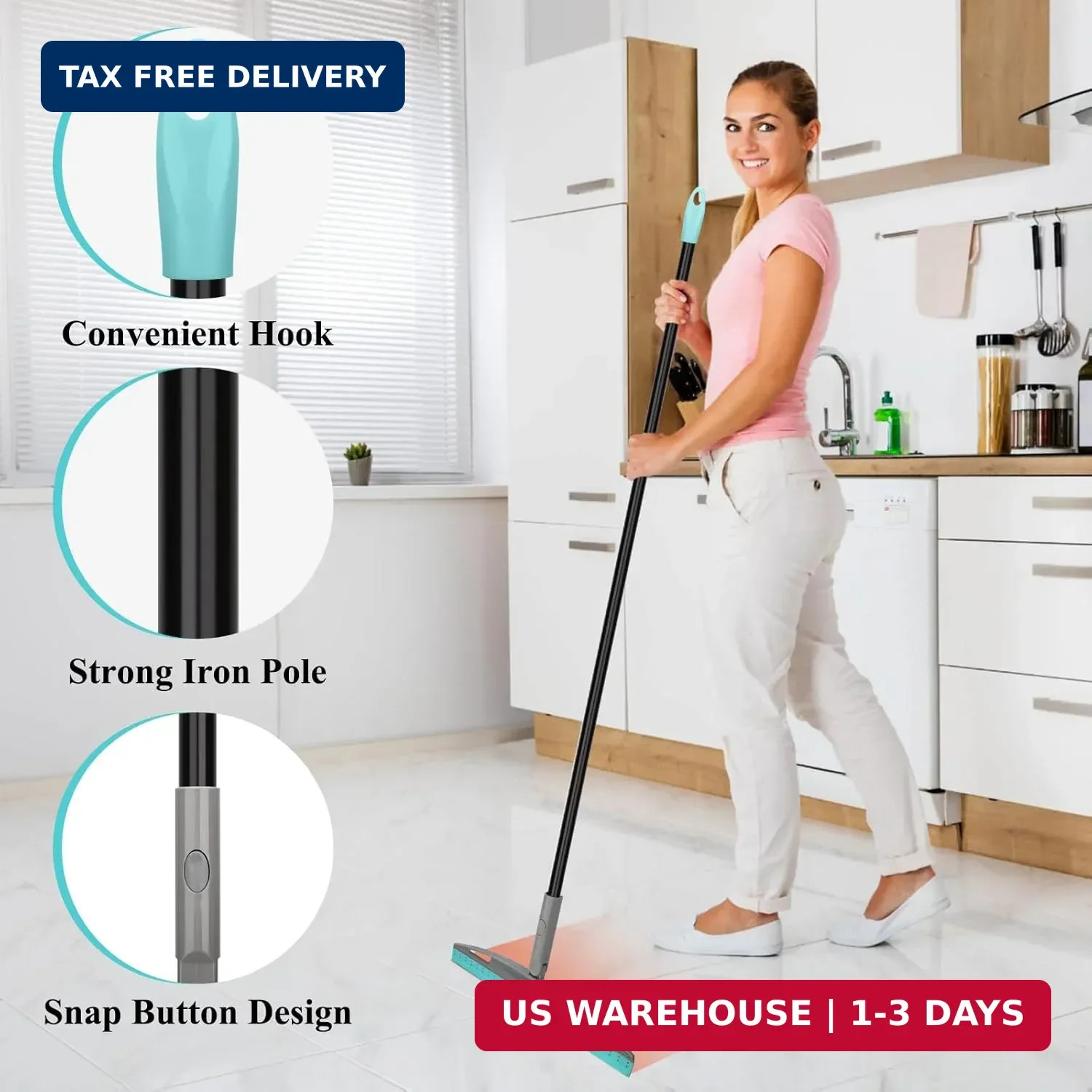 Multifunction Rubber Air Broom, Silicone Floor Squeegee Broom with 59″ Long Hand