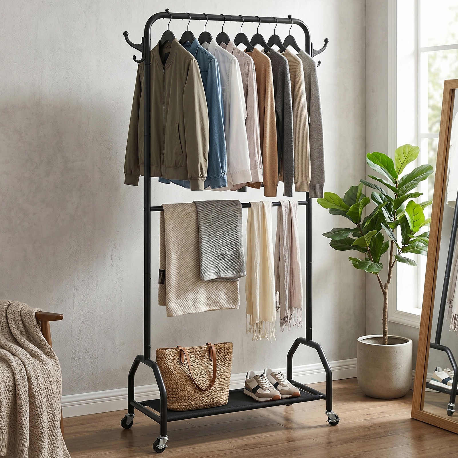 Double Rod Hanging Clothes Rack Oxford Cloth Bottom Shelf Shoe Organizer