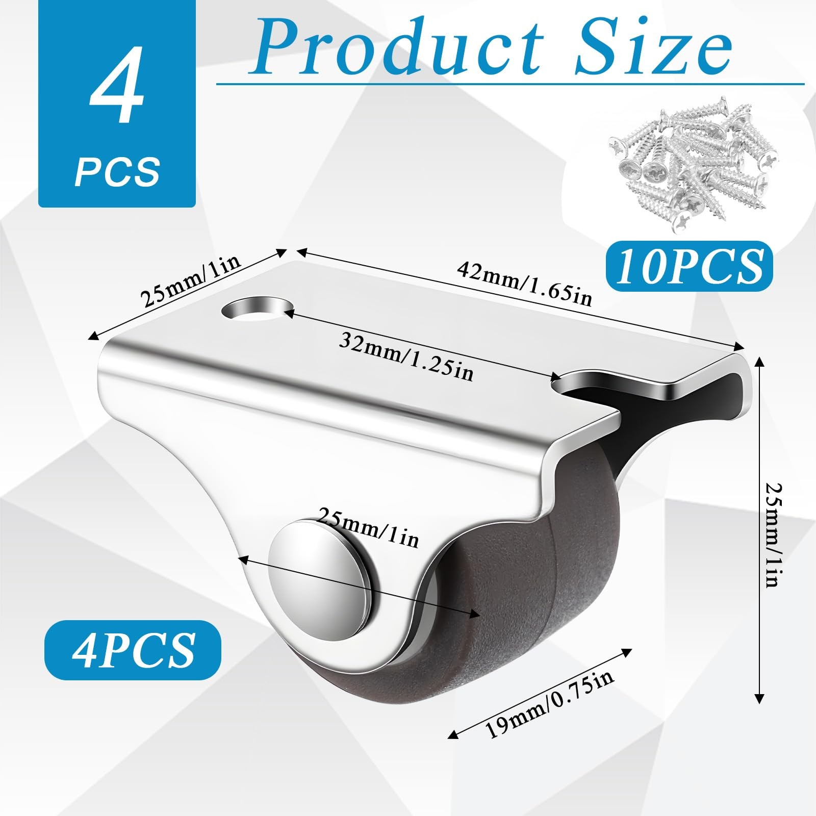4 PCS 0.75 Inch Mini Rigid Caster Wheels Low Profile Rubber Steel Plate