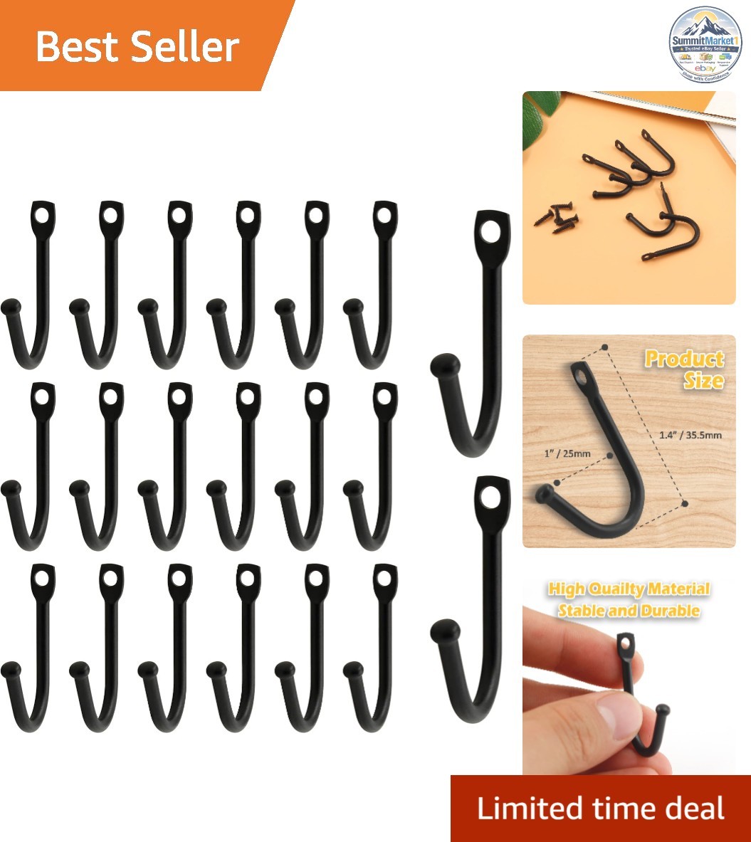 20 Pcs Black Wrought Iron Wall Hooks for Keys Hats Clothes Towels