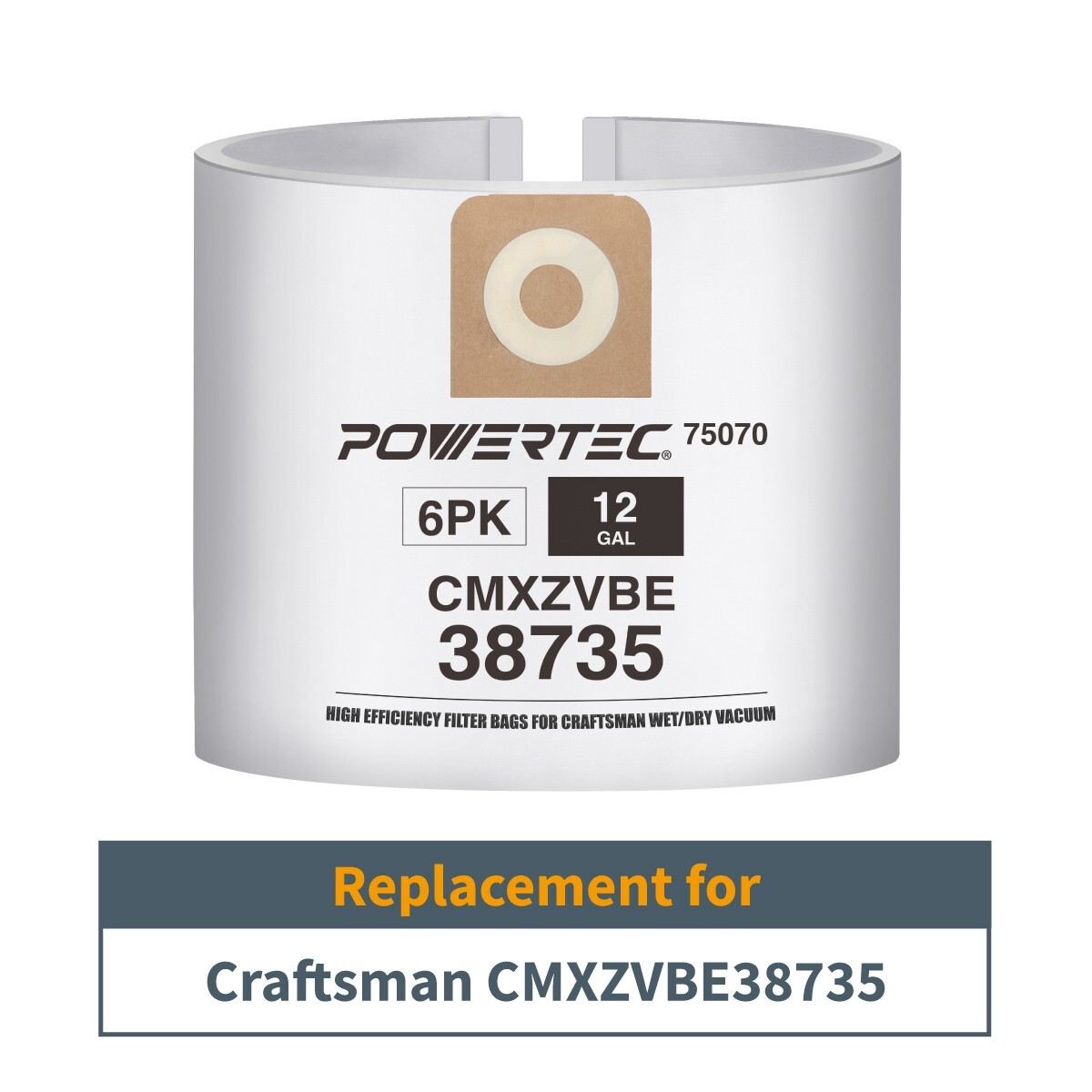 POWERTEC 6PK Bags for Craftsman 12 Gal Shop Vac, Replacement Filter Bags