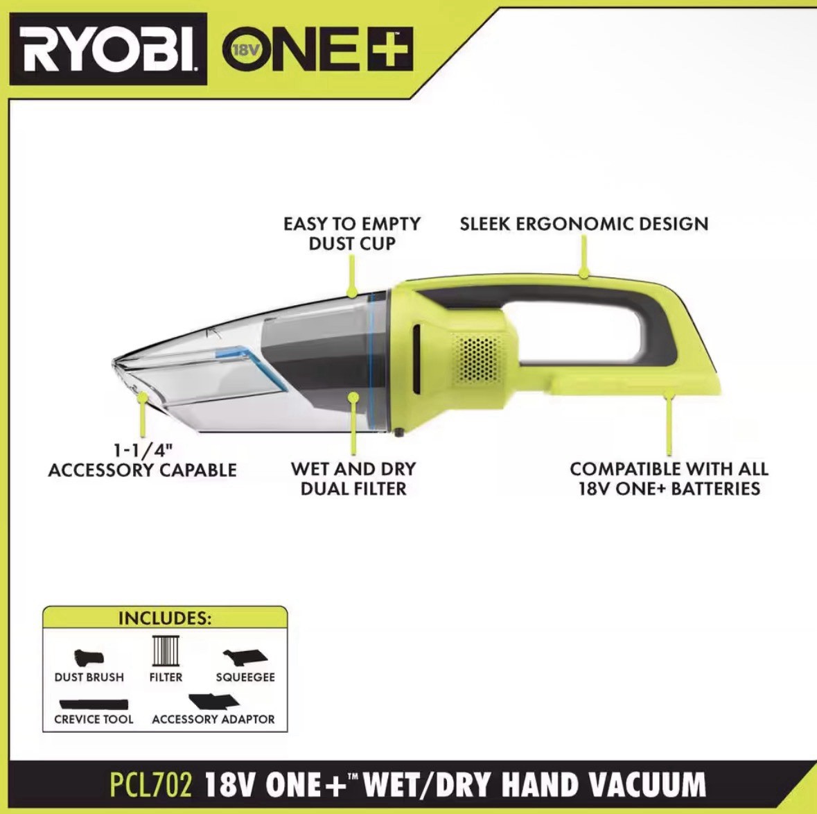 Ryobi ONE+ 18V Cordless Wet/Dry Hand Vacuum – Green (PCL702B)