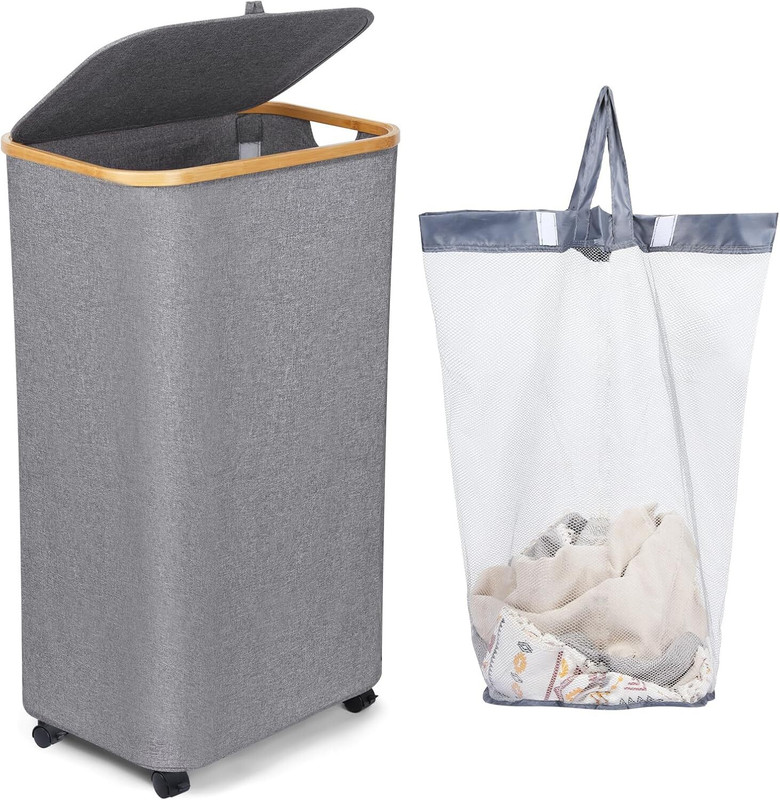 Wheeled Laundry Hamper with Lid, 100L Large Grey Clothes Basket Bamboo Handles