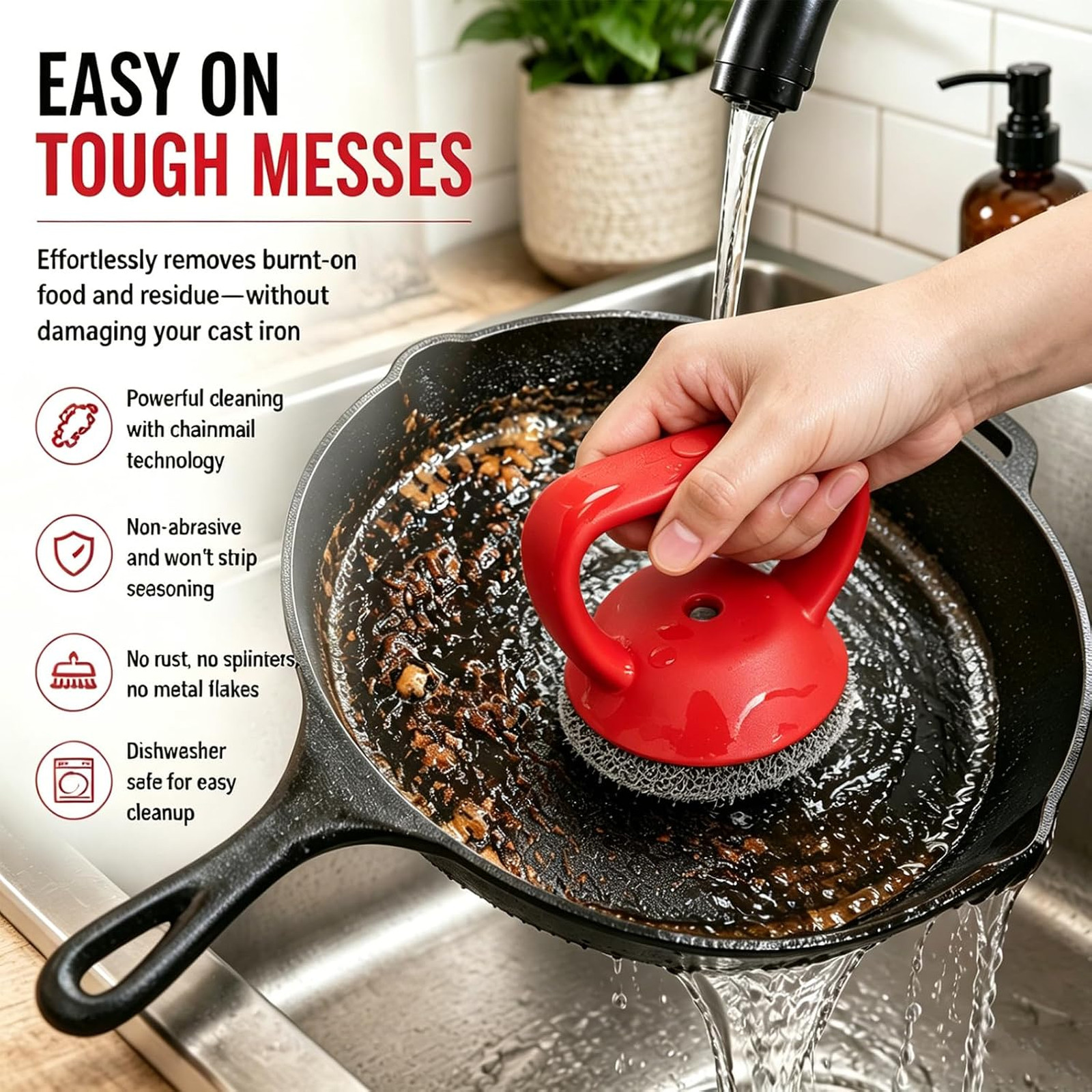 Cast Iron Scrubber Heavy Duty Handle 3mm Fine Ring Kitchen Cleaning Tool Red