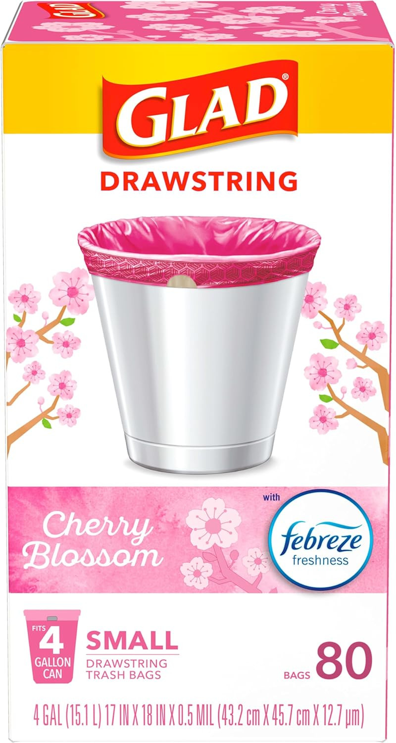 Odorshield Small Drawstring Trash Bags, 4 Gal, Pink, Cherry Blossom, 80 Ct, Pack