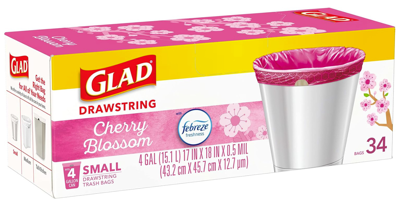 Glad OdorShield Small Drawstring Trash Bags, 4 Gallon, 34 Count – Febreze Cherry