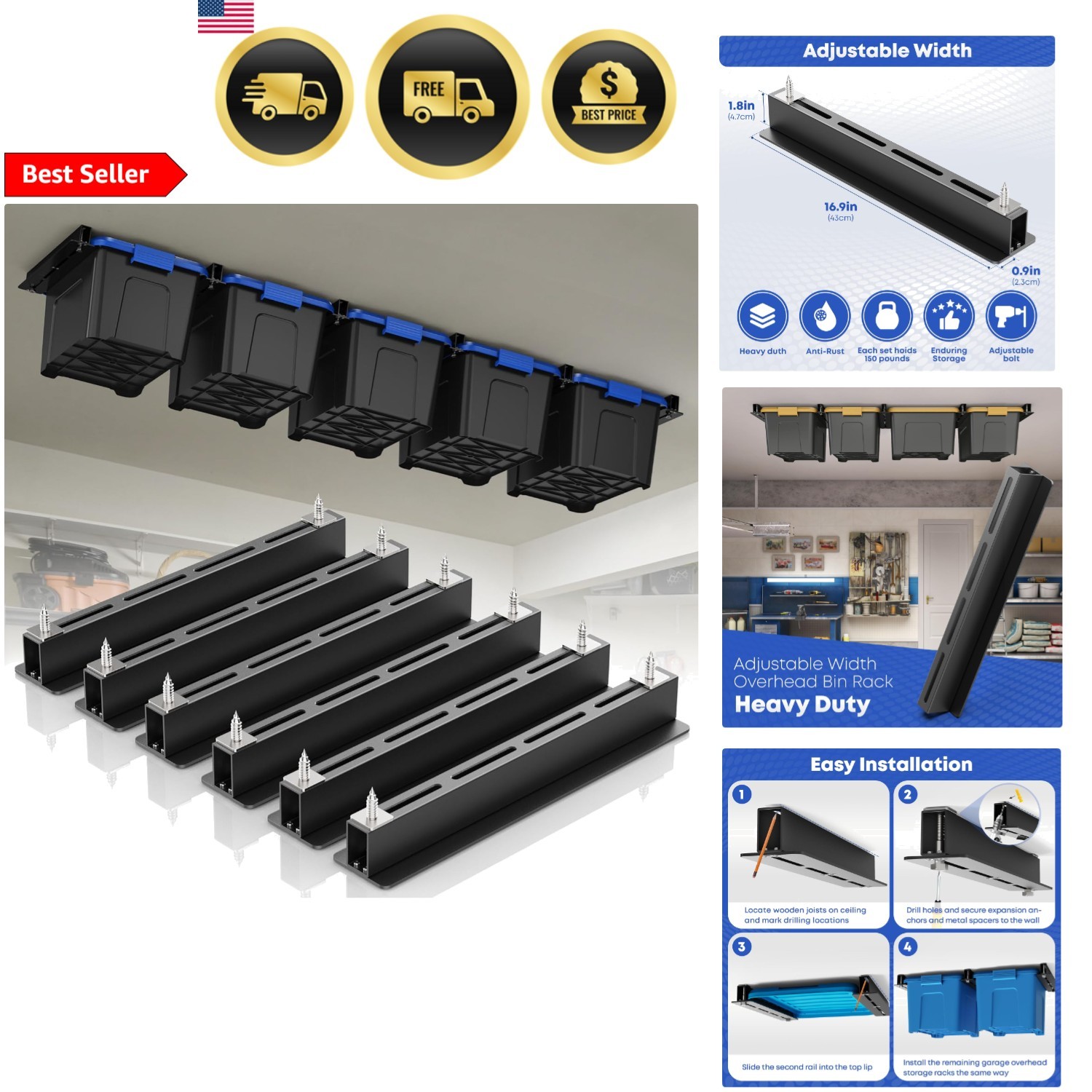 Garage Ceiling Storage Rack Heavy Duty Metal Overhead Organizer for Tote Bins