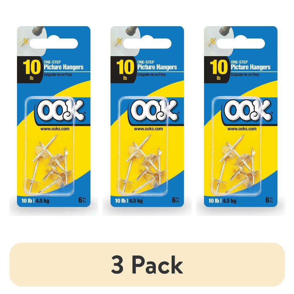 (3 pack)One-Step Picture Hanger, Push Pin, 10 lbs, Steel, Brass, Gold, 6 pack