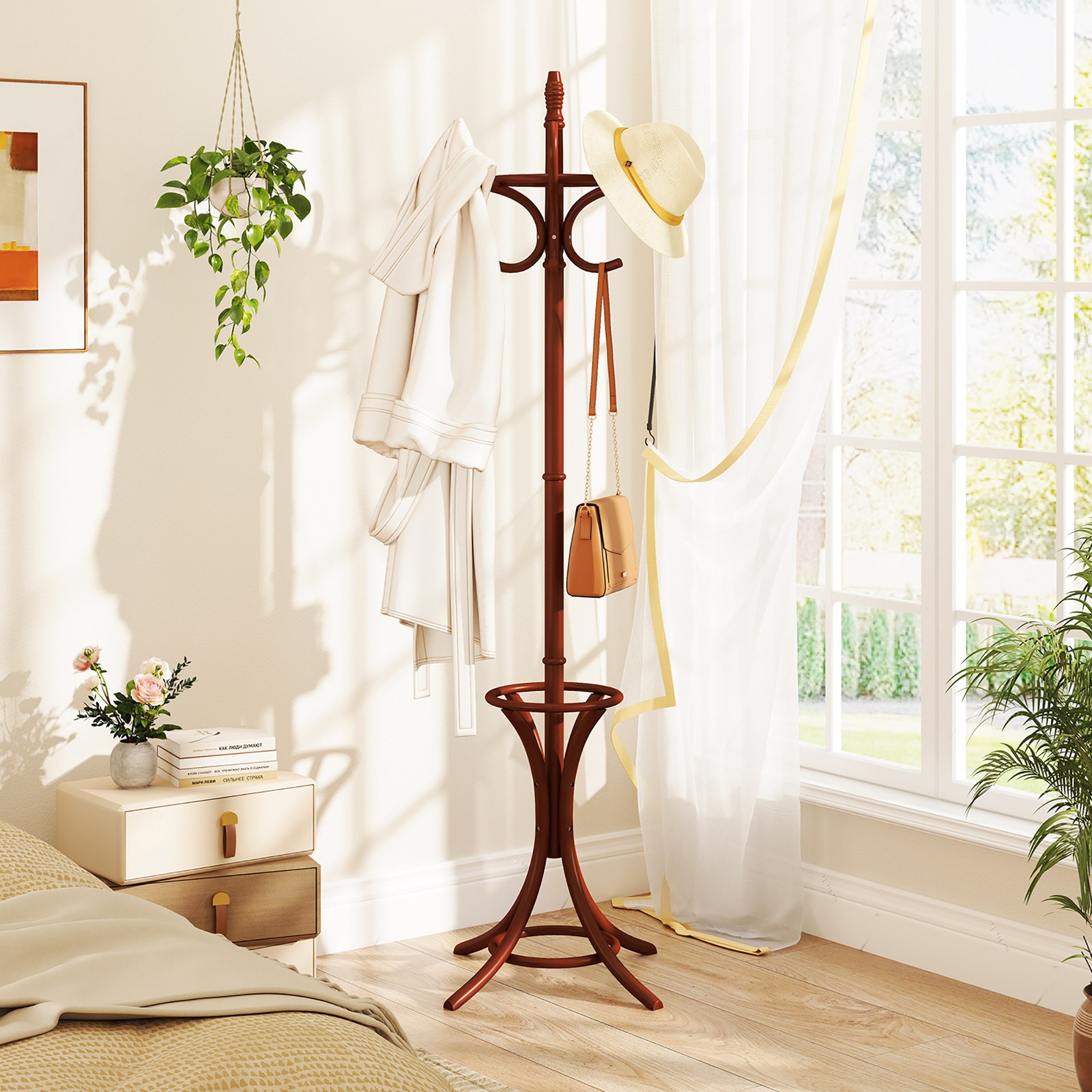 Wood Standing Hat Coat Rack Jacket Bag Hanger Tree 12 Hooks Reddish Brown w/