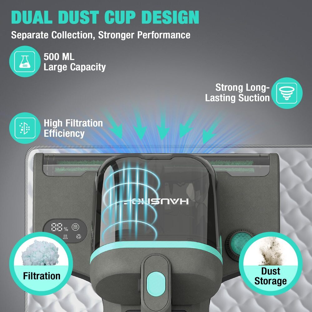 HAUSHOF 400W Mattress Vacuum Cleaner 15Kpa 275nm UV-C Light 140°F Heat Dual Cups