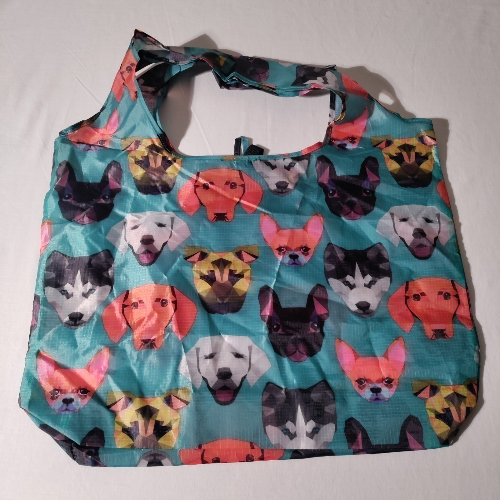 BeeGreen Reusable Nylon Shopping Teal/ Blue Tote Bag with Dog Faces All Over