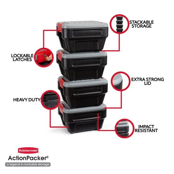 Rubbermaid 8 Gallon Action Packer Storage Bin, Heavy Duty Plastic, Lockable