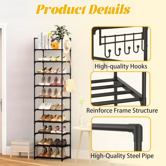 10 Tier Metal Shoes Rack, Stackable Shoe Organizer, Space-Saving Shoe Shelf Shoe