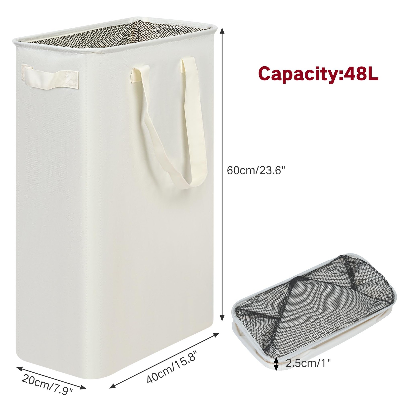 efluky Slim Laundry Basket, Narrow Hamper with 48L without Lid, Beige