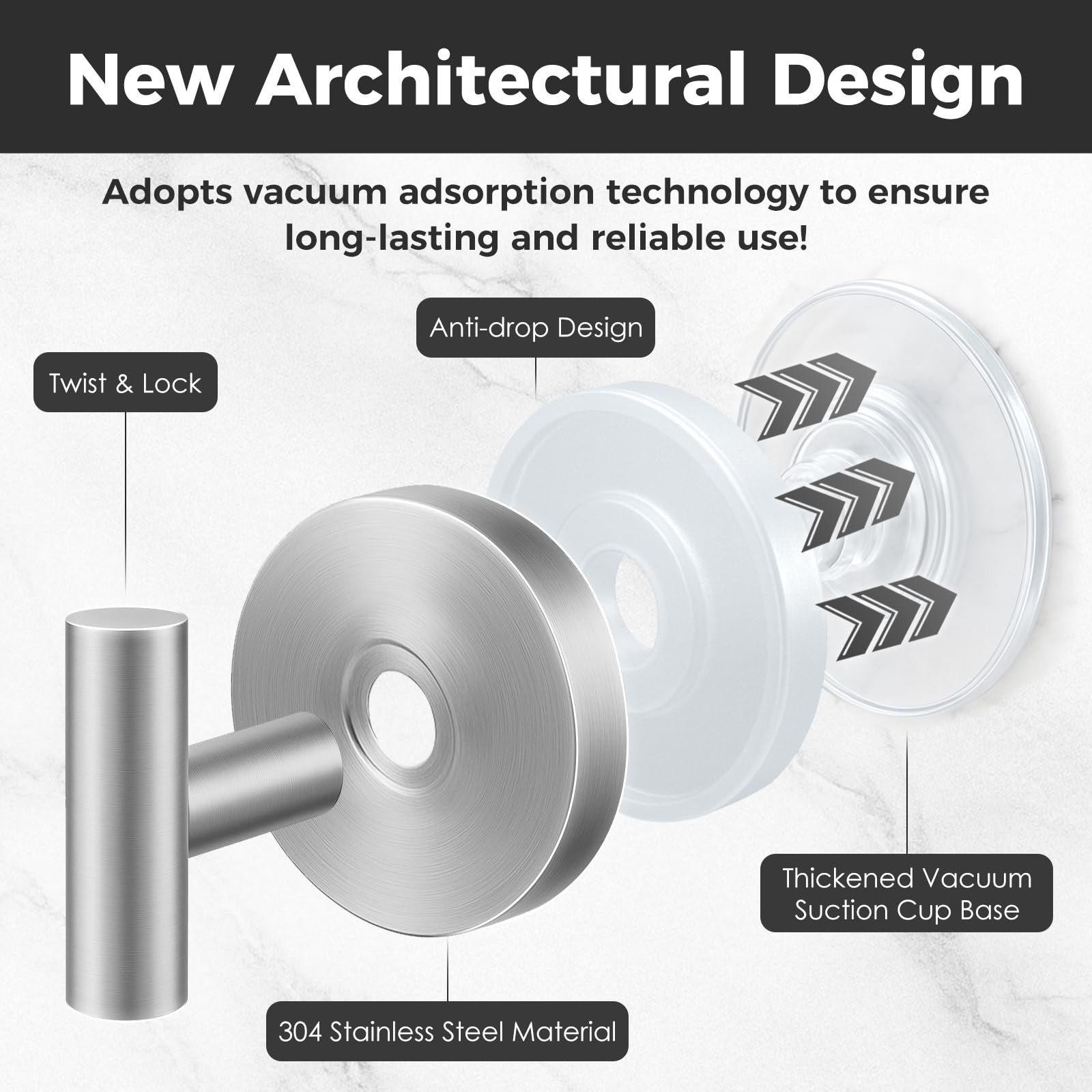 Removable Heavy Duty Suction Cup Shower Hooks, 4 Pack (Silver)