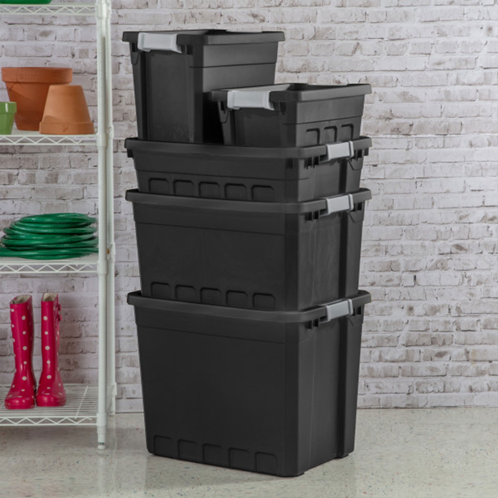 Sterilite 4 Gallon Industrial Storage Totes with Latch Clip Lids, Black (6 Pack)