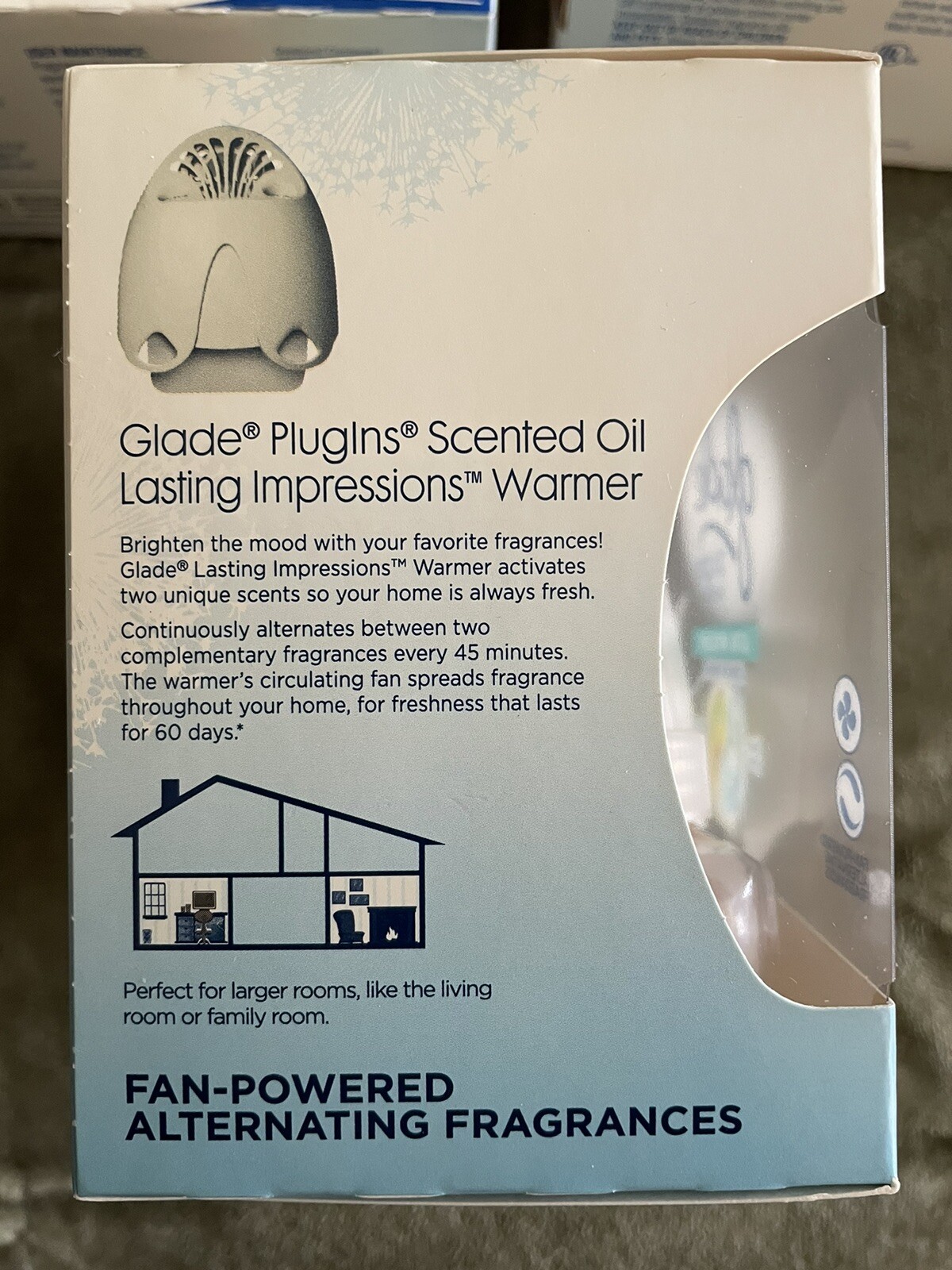 NIB 1 Glade Lasting Impressions Fan Warmer, 2 Refills: Clean Linen & Sunny Days