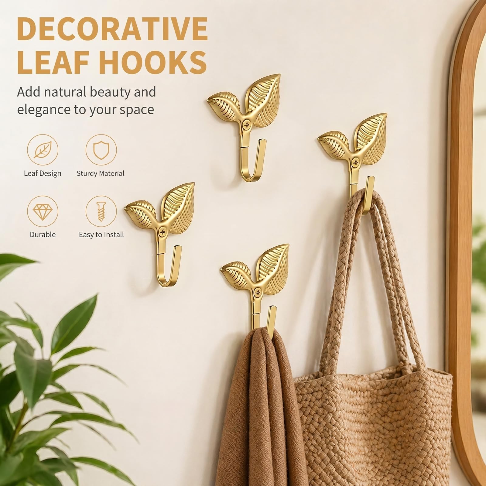 Decorative Wall Hooks Gold Leaf-Shaped, Iron Decorative Coat Hook Wall Mounte…