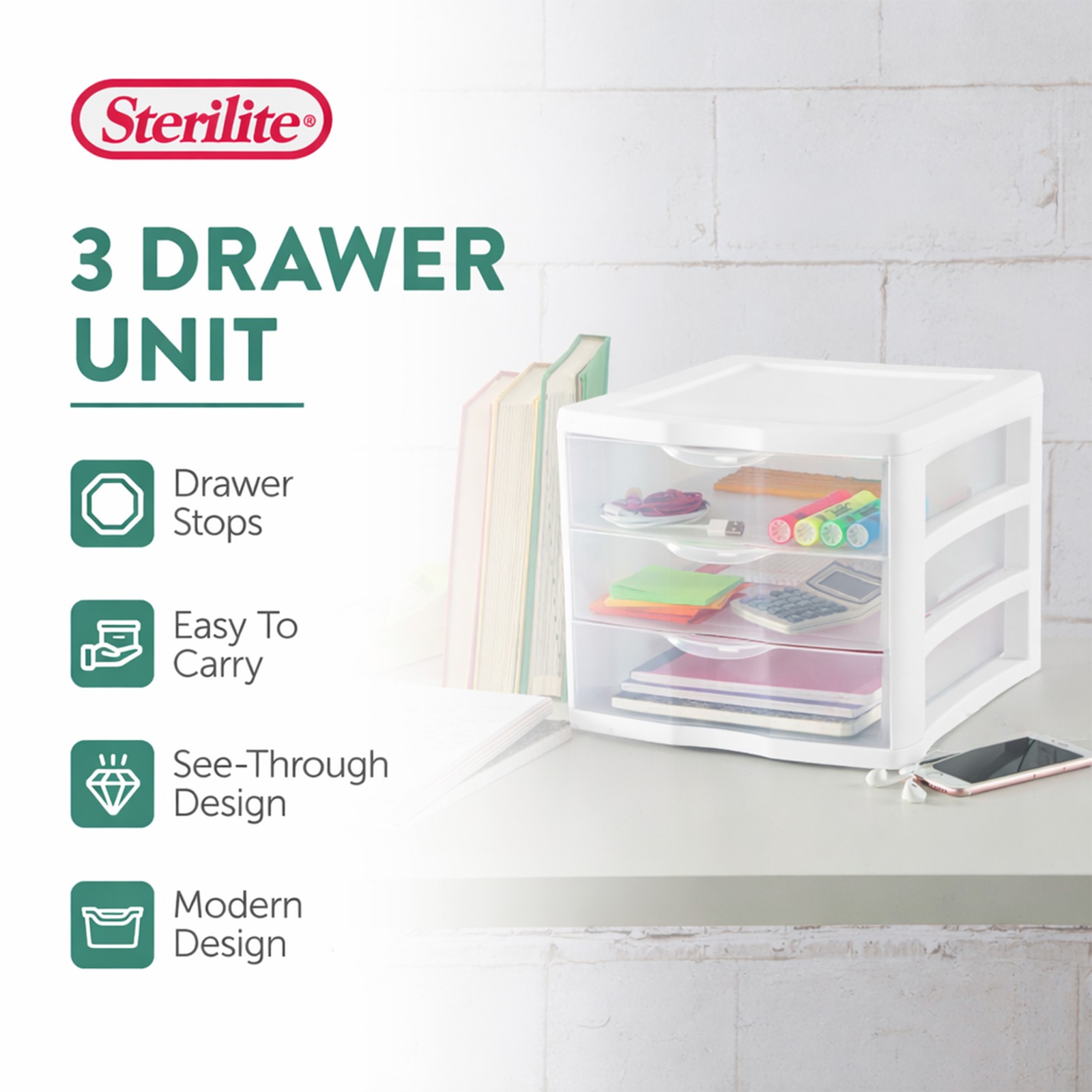 Sterilite ClearView Plastic Small 3 Drawer Desktop Storage Unit, White, 6 Pack