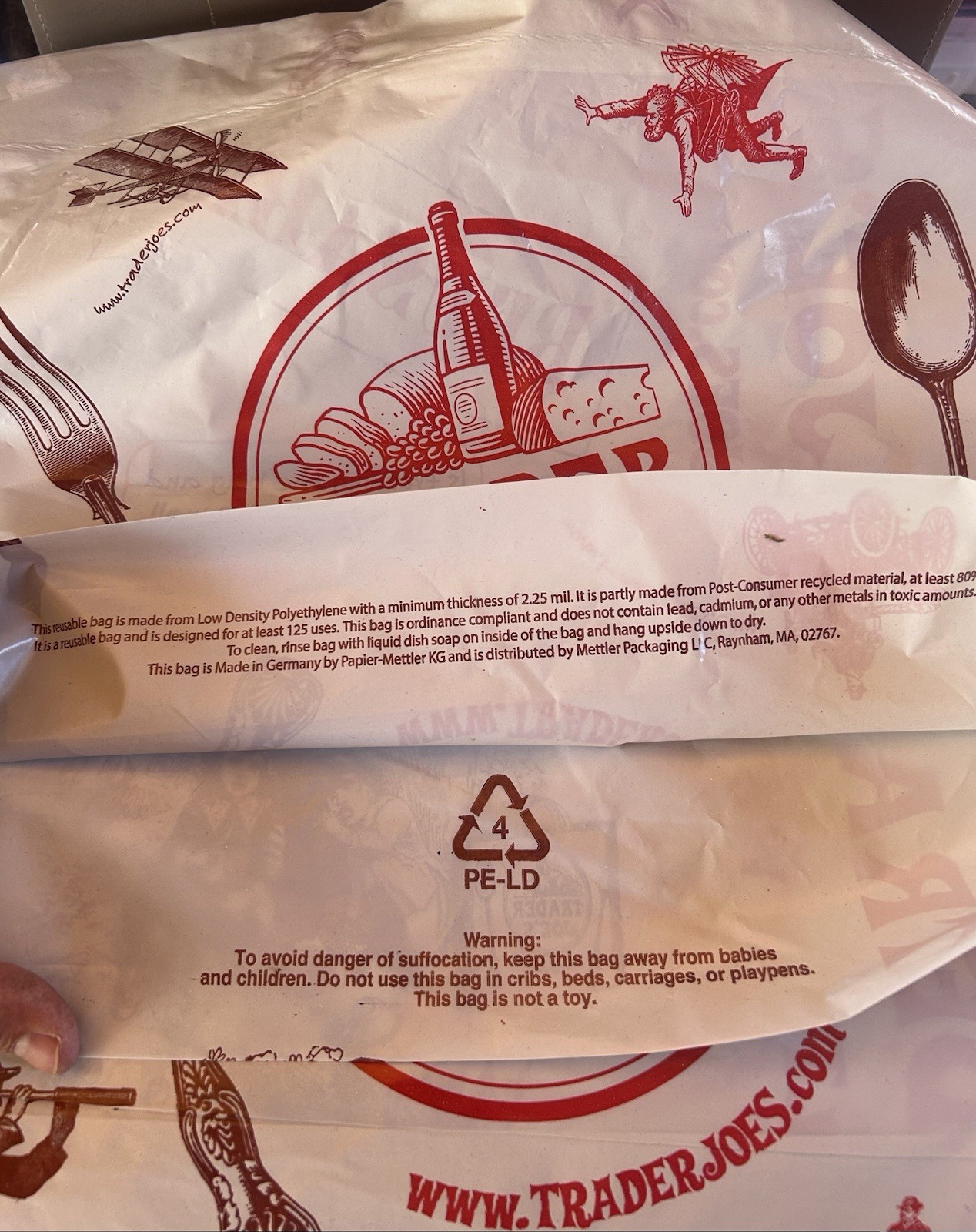Trader Joe’s Reusable Shopping Bag Foldable LDPE Beige Red All-Over Pattern