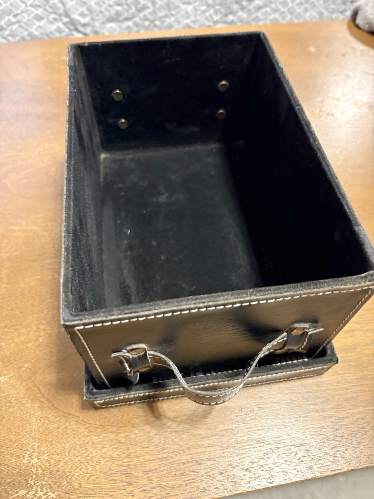 Black Faux Leather Storage Box with Lid & Handle White Stitching