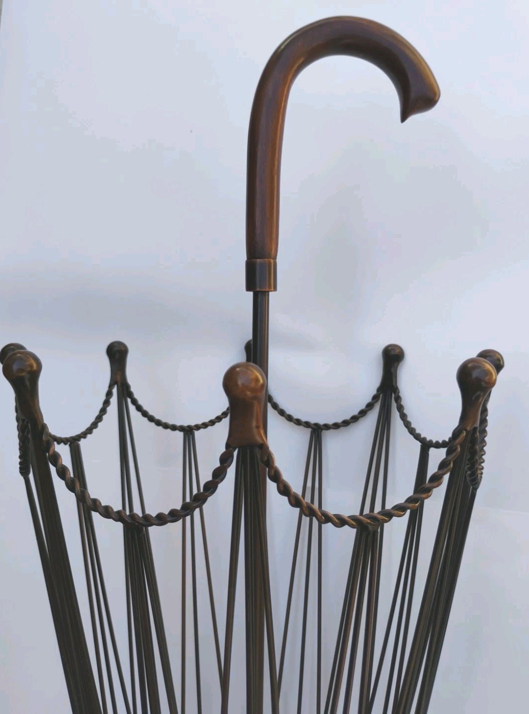 MCM Umbrella Shaped Stand Canes Umbrellas Copper Wire Wood handle 32” X 11.5”