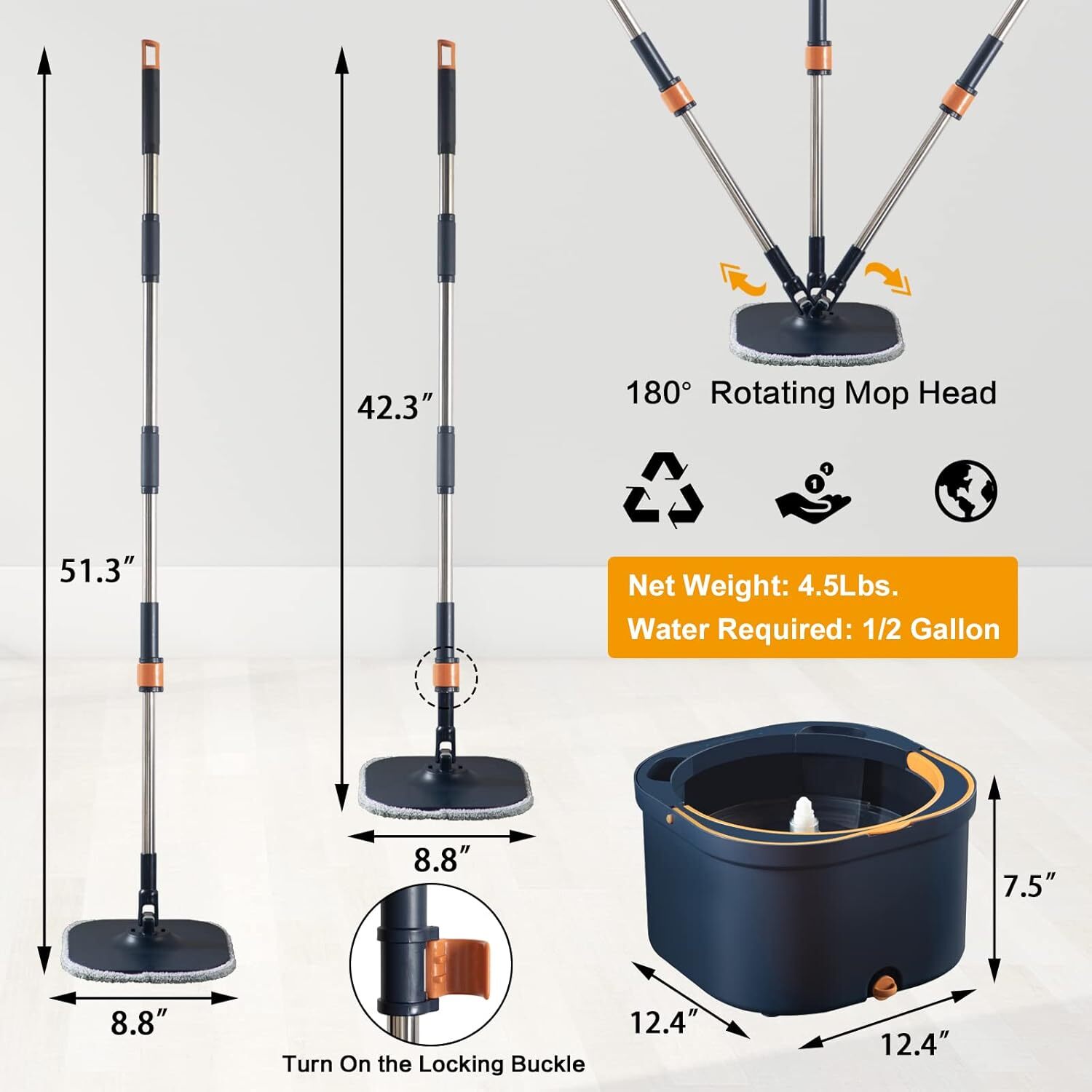 Flat Floor Mop and Bucket System Set with Wringer, Spin Mop and Bucket Separate