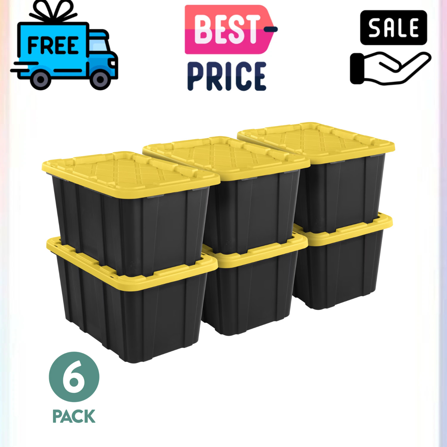 Sterilite 6 Pack 27 Gallon Storage Bin Snap Lid Heavy Duty Black Yellow