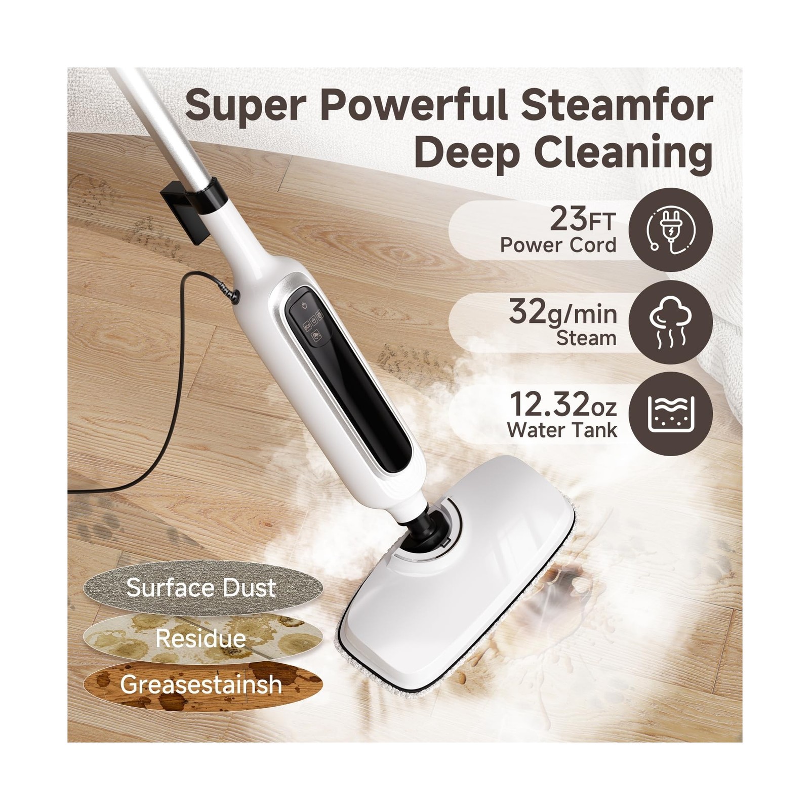 12-in-1 Steam Mop, Detachable Handheld Steam Cleaner for Home, 23FT Cord, 3 S…