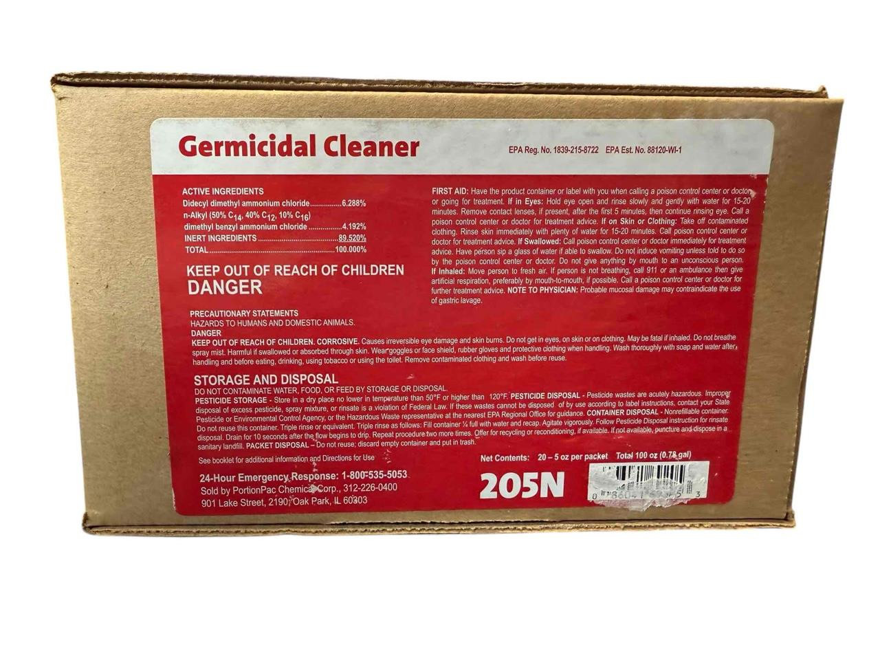 NEW PortionPac Germicidal Cleaner 205N (20) 5oz Packets Makes 100 Gallons