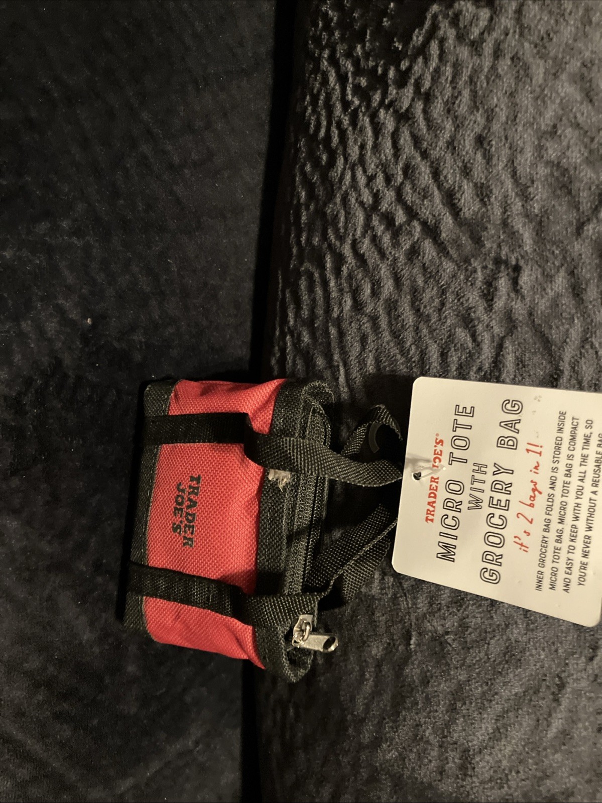 Trader Joe’s Micro Tote With Grocery Bag Red Black Polyester Zipper Small. MWT