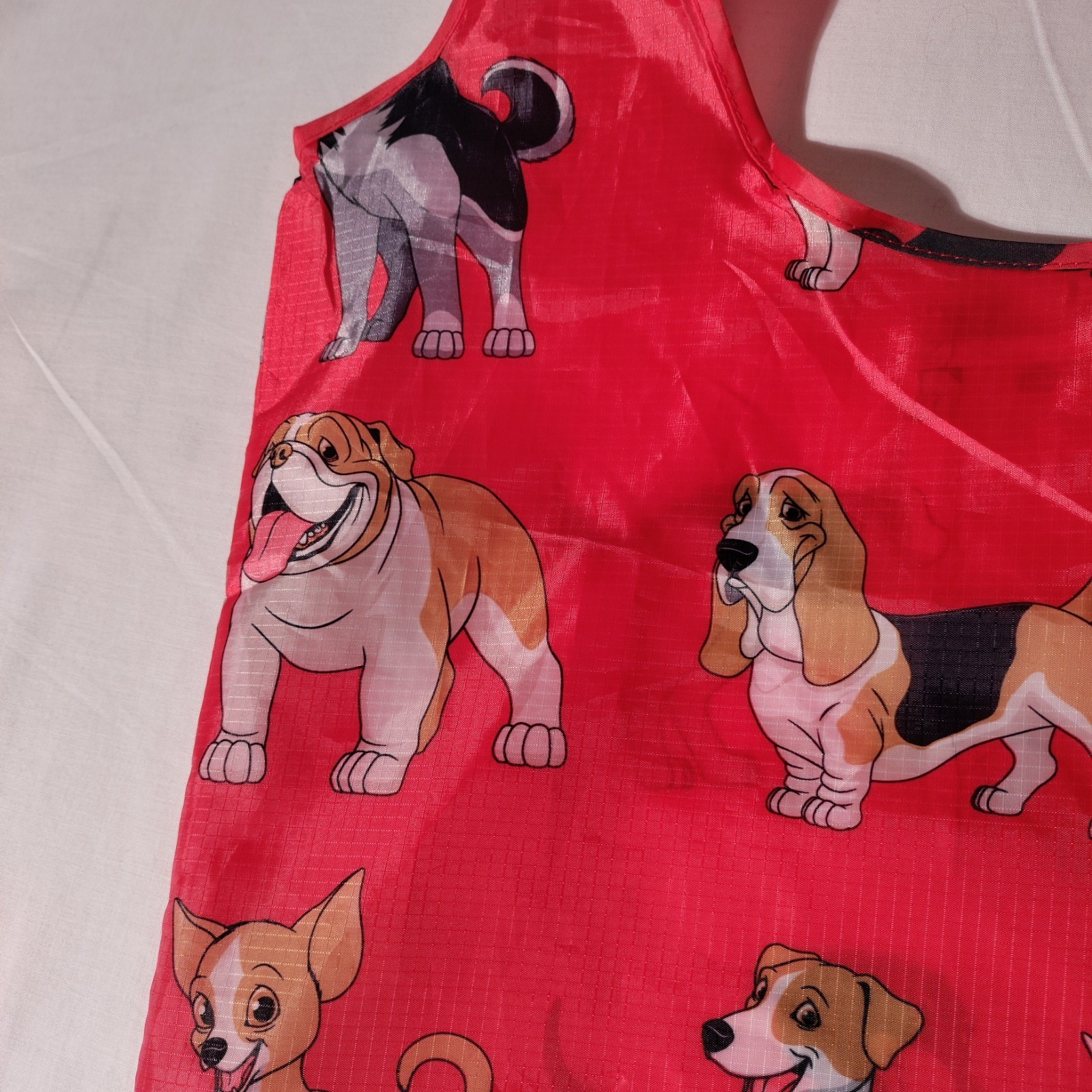 BeeGreen Reusable Nylon Shopping Tote Red Bag with Dogs All Over