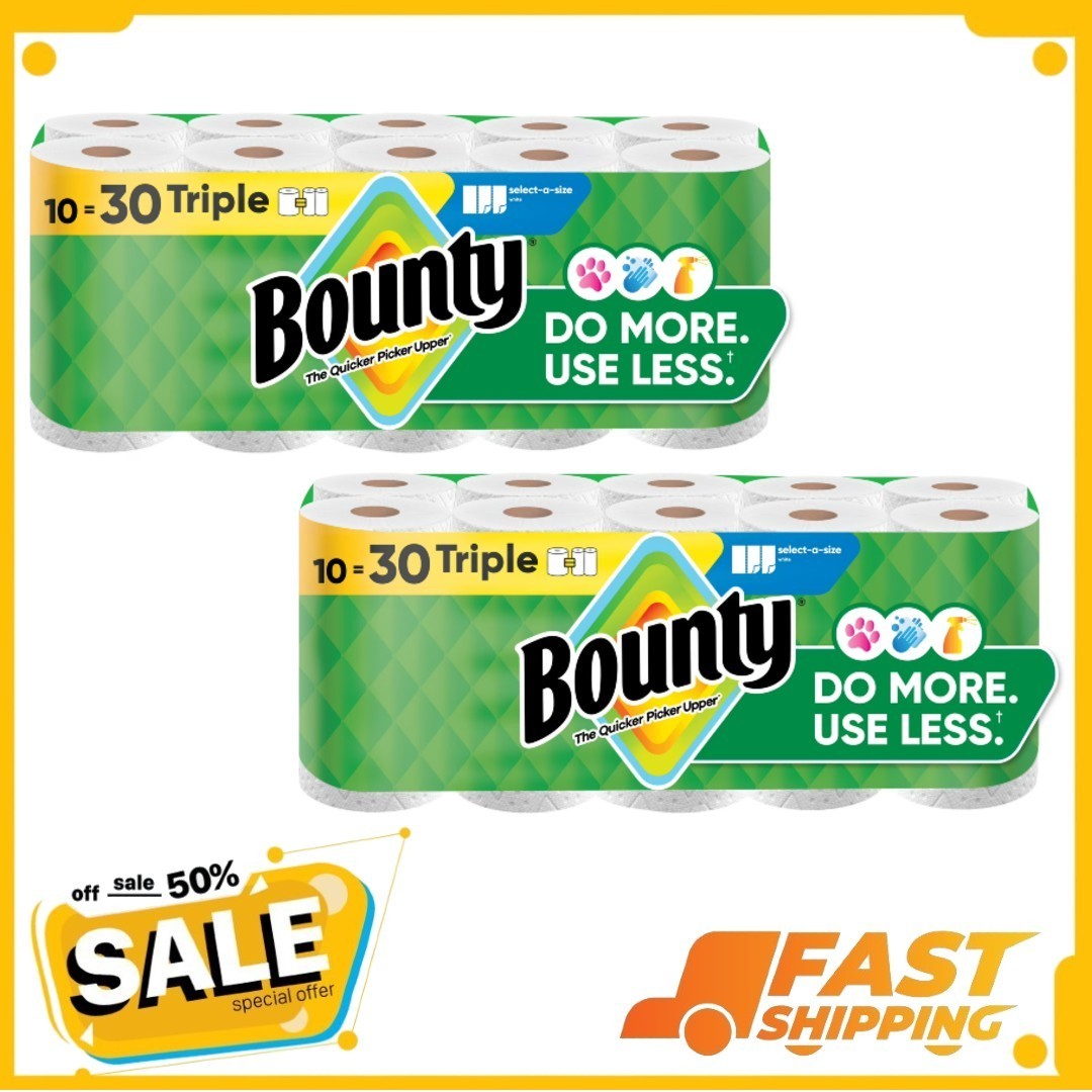 2P Bounty Paper Towels Select-A-Size White, 10 Triple Rolls, 123 Sheets Per Roll