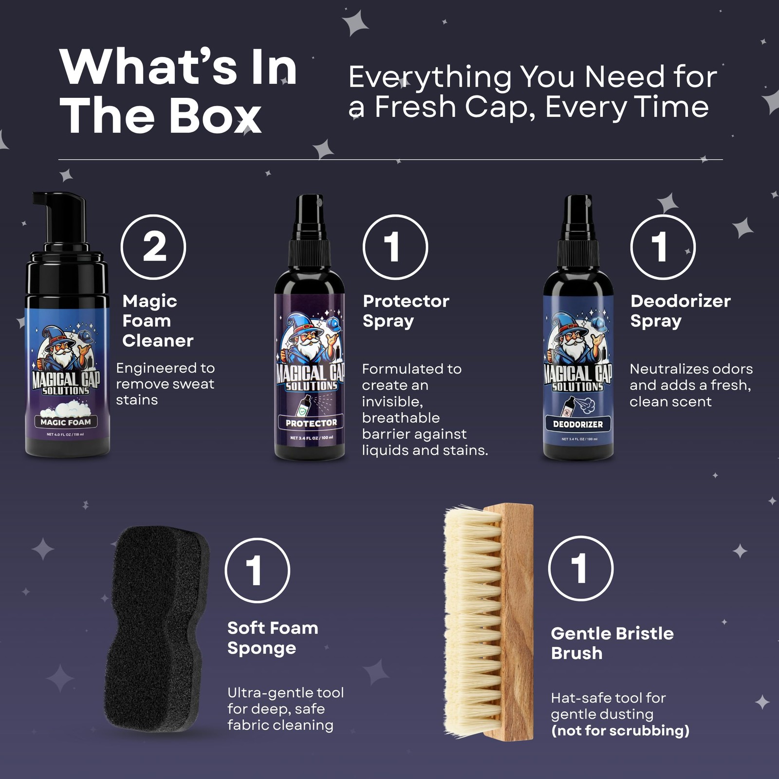 Hat Cleaning Kit 4-Step Headwear Cleaner Foam Brush Deodorizer Protector Caps