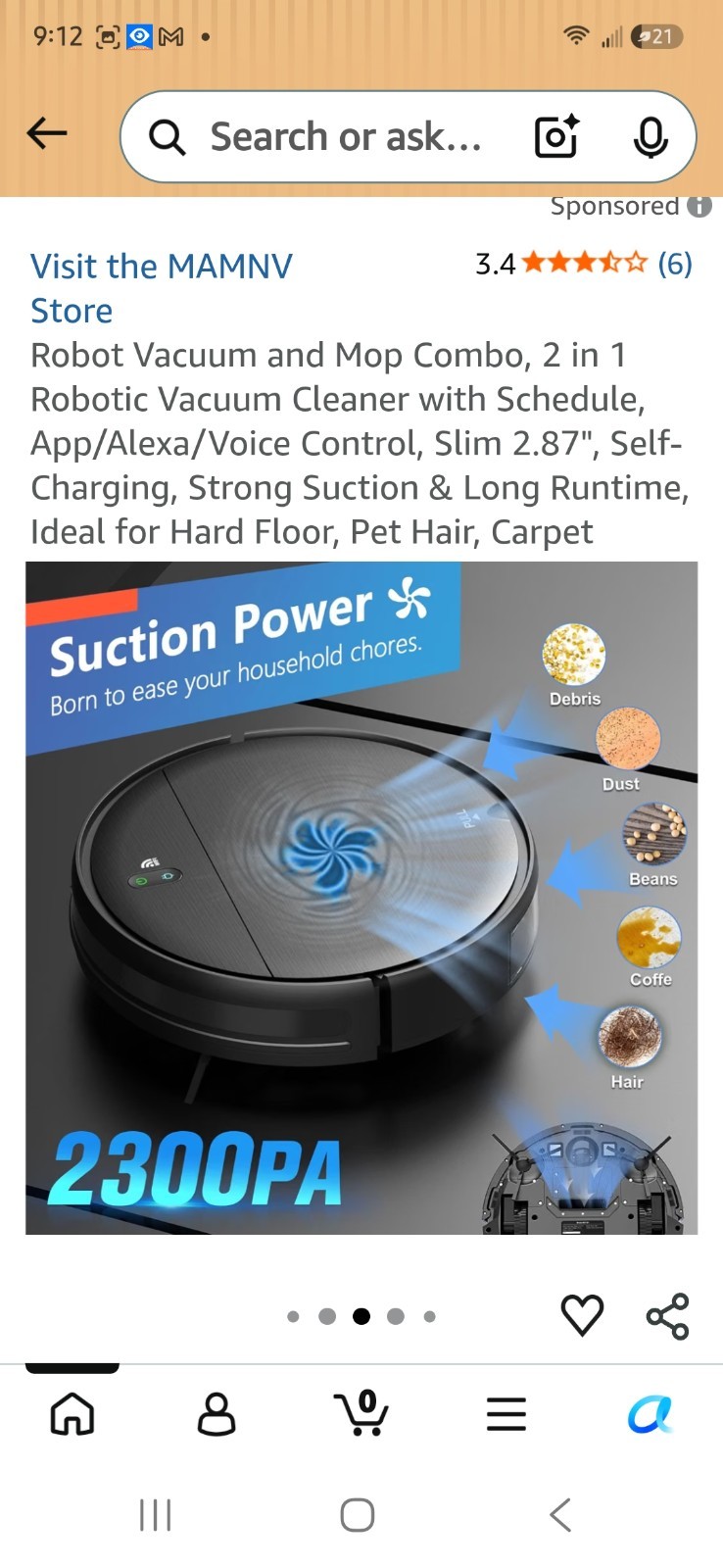 MAMNV Robot Vacuum and Mop Combo BR151 WiFi/App Control Needs Charger