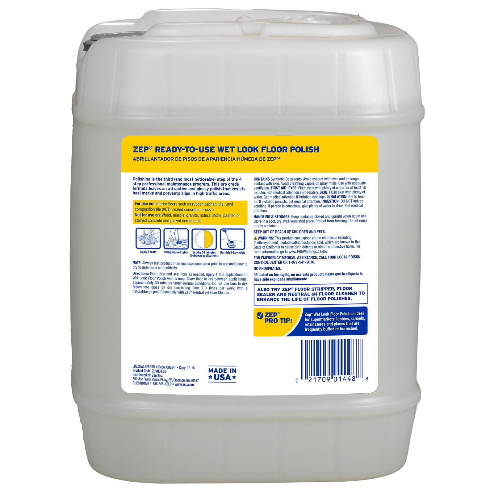 Zep Wet Look Floor Polish – 5 Gallon (1 Pail) ZUWLFF5G – Long Lasting Glossy