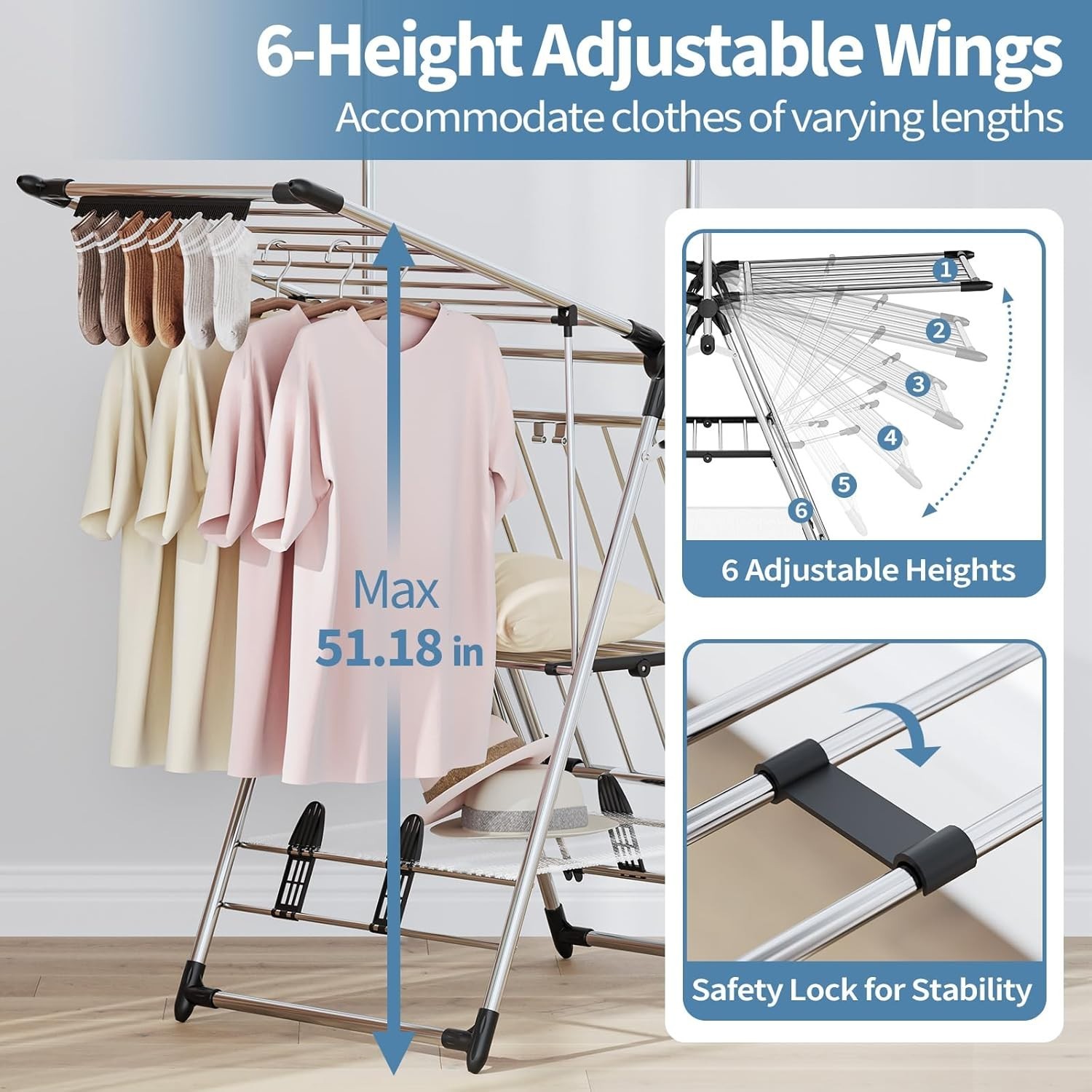 APEXCHASER Clothes Drying Rack with High Hanger, Foldable 3-Level Drying Rack
