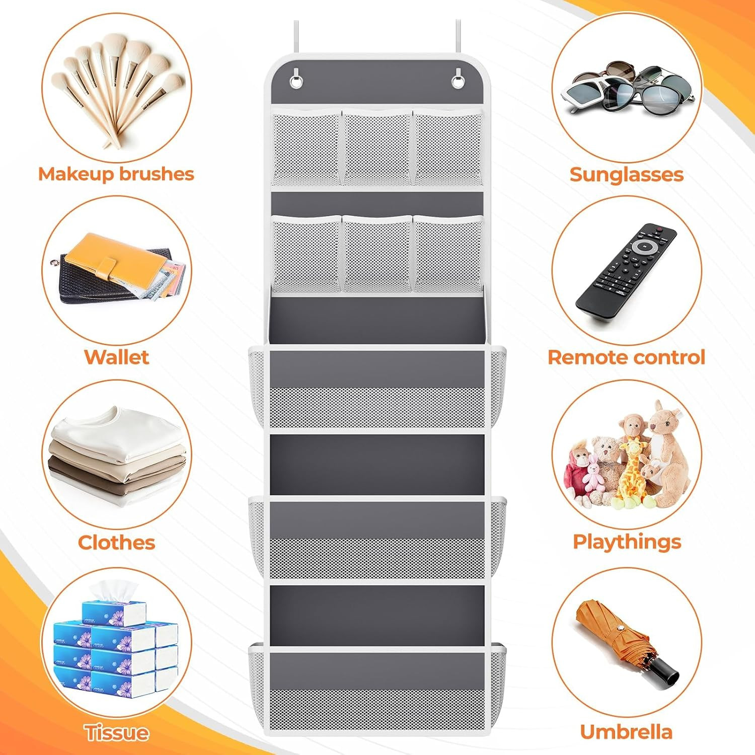 5-Tier over the Door Organizer with Mesh Pockets, Dark Grey | 6 Mesh Pockets, 3